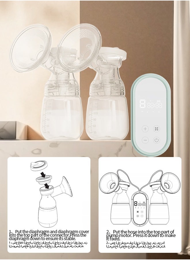 Rechargeable Electric Double Breast Pump with 4 Modes 9 Levels Quiet BPA Free 180ml * 2 Bottles and Smart LED Display  write in arbic