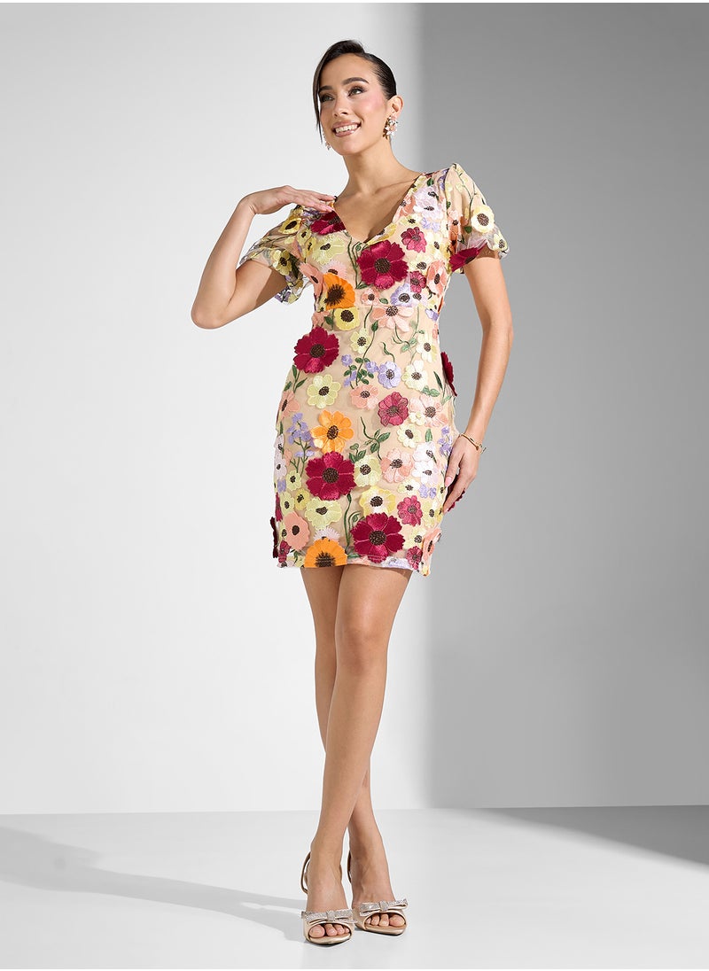 Floral Appliqué Mini Dress
