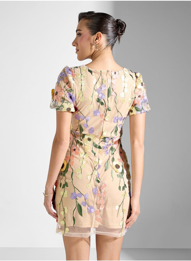 Floral Appliqué Mini Dress
