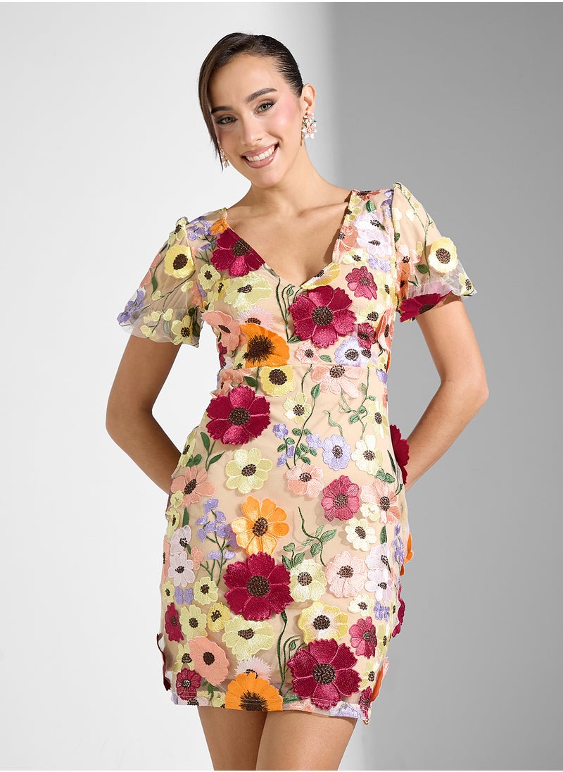 Floral Appliqué Mini Dress