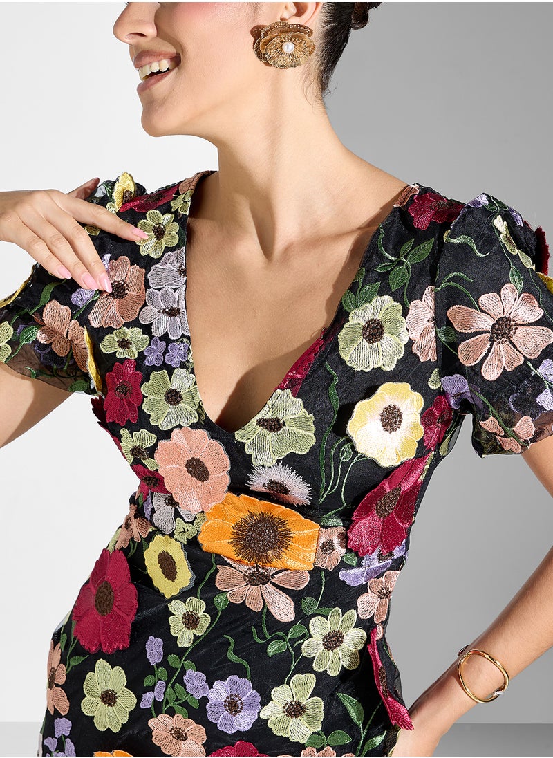 Floral Appliqué Mini Dress
