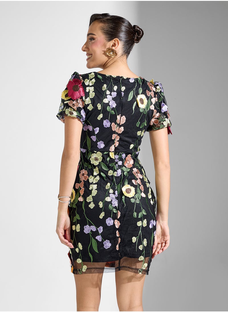 Floral Appliqué Mini Dress