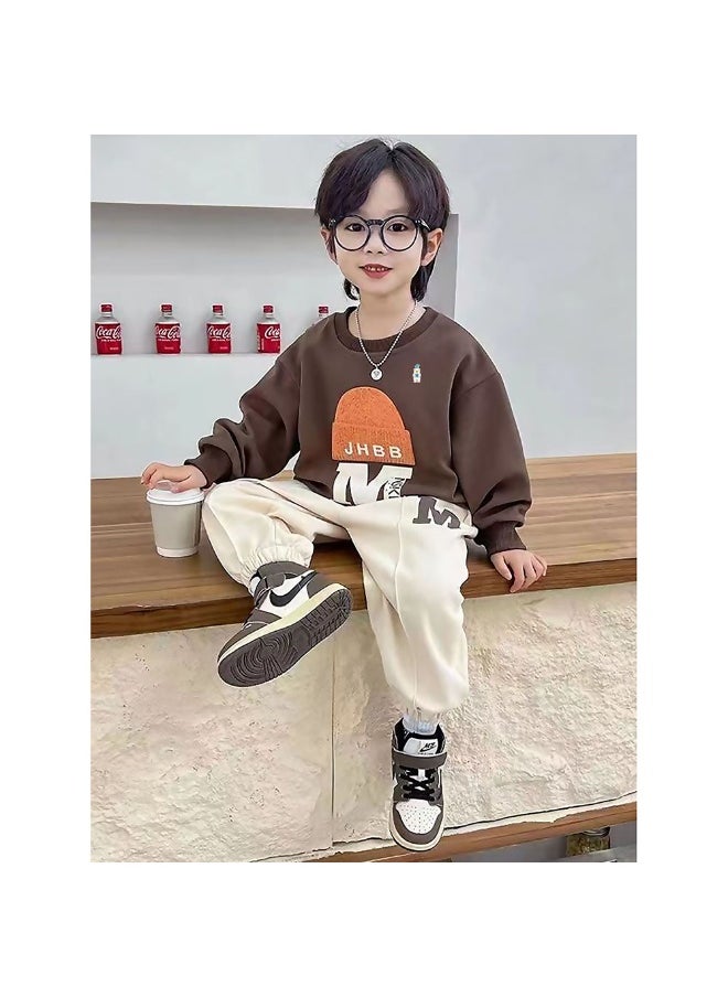 Brown 3D Cap Design 2 Pcs Track Suit Set For Toddlers And Kids
