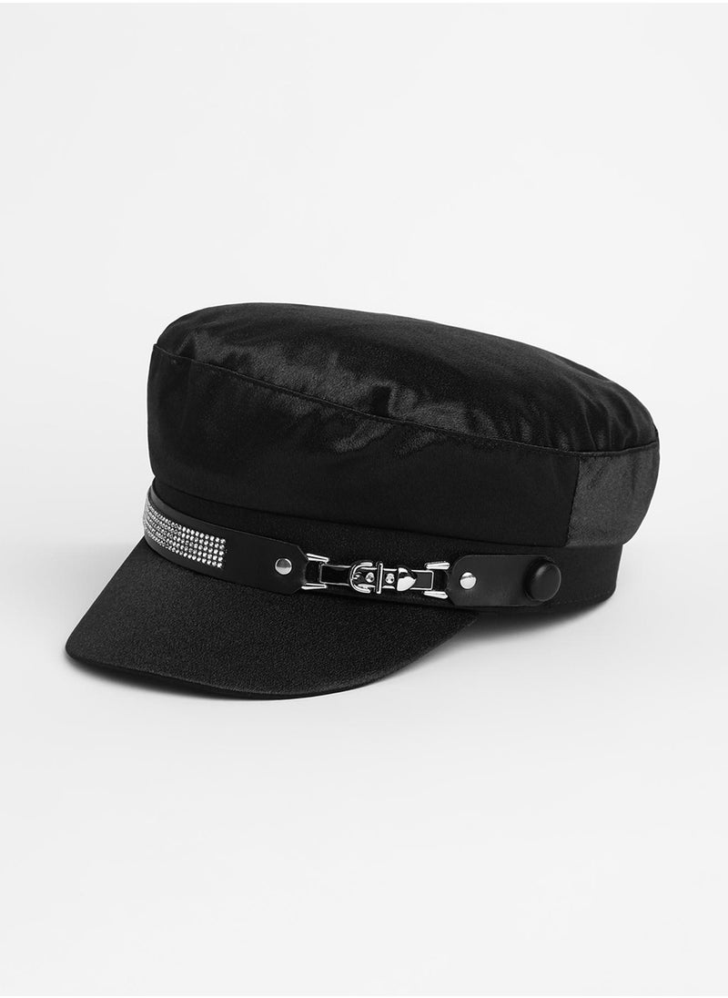 Embellished Satin Bakerboy Cap - Midnight Black