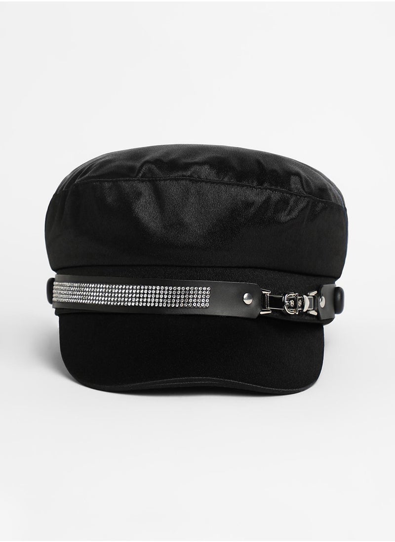 Embellished Satin Bakerboy Cap - Midnight Black