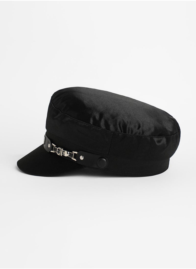 Embellished Satin Bakerboy Cap - Midnight Black