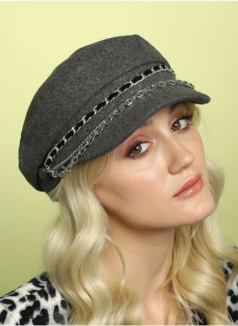 Chain-Lined Bakerboy Cap - Charcoal Grey