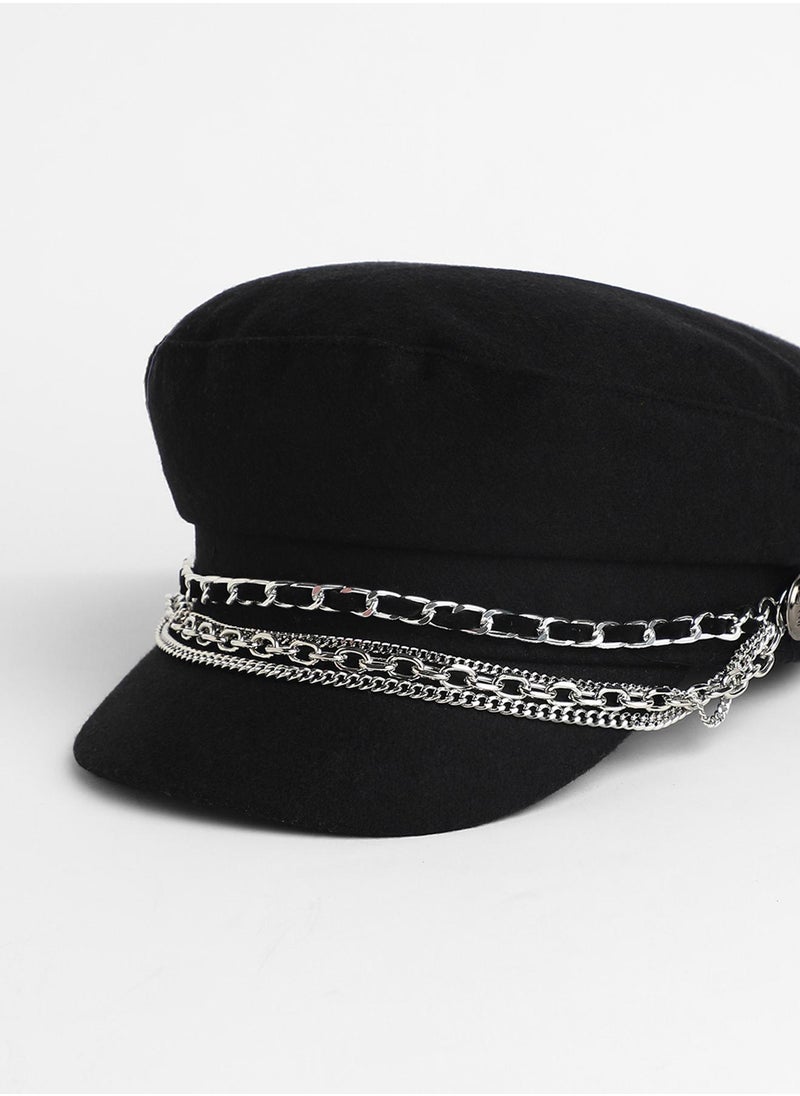 Chain-Lined Bakerboy Cap - Midnight Black