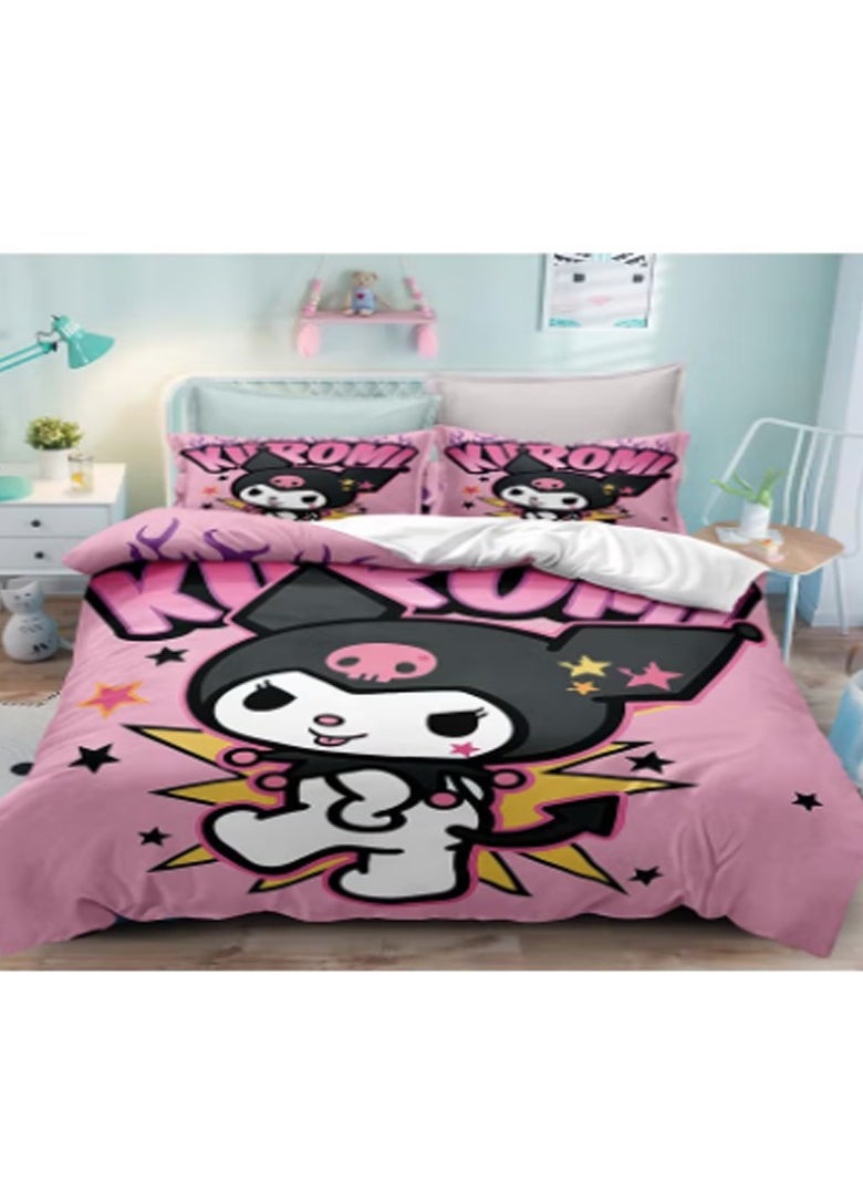 Sanrio Kuromi pattern bedding three-piece set of soft microfiber polyester sheets including cover and two pillowcases (size 150cmX200cm)