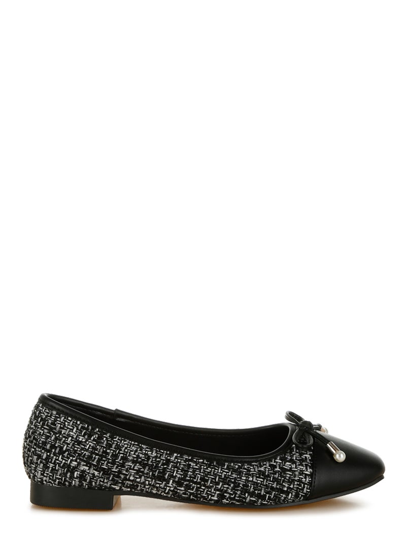 Black Boucle Pearl Bow Ballerinas