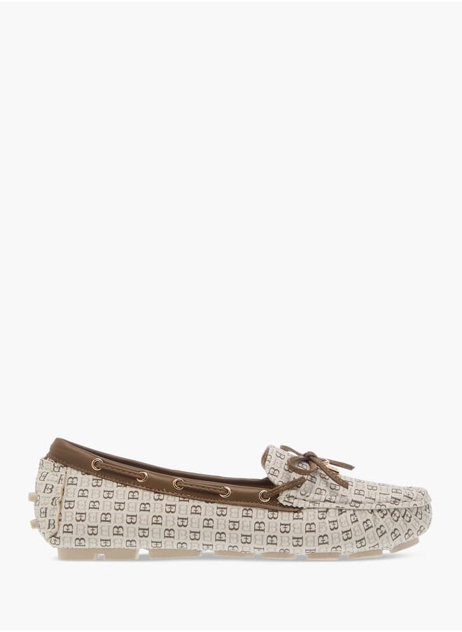Womens Monogram Print Bow Detail Slip-On Loafers