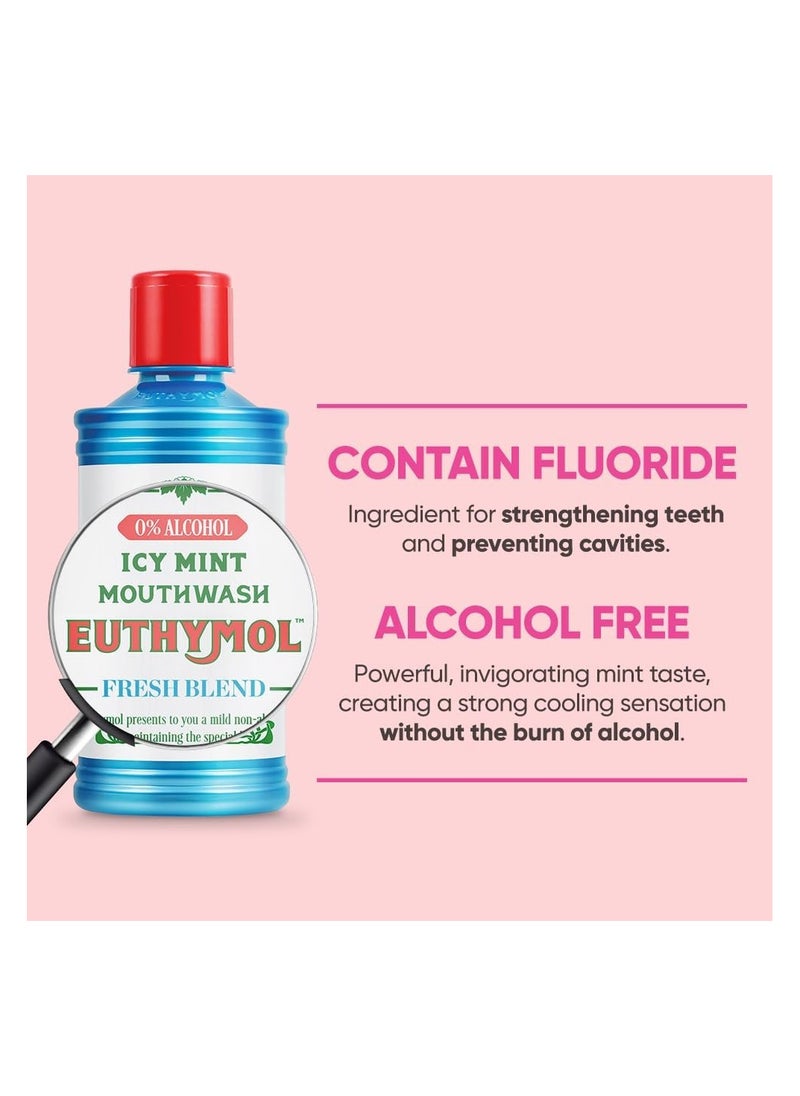 Euthymol Mouthwash ICY Mint 500ml, Contains Flouride, Alcohol-Free, Distinctive Strong Taste Flavour, Reduce Plaque Gingival Clean Healty Teeth Gums, Freshens Breath Refreshing Daily Oral Dental Care