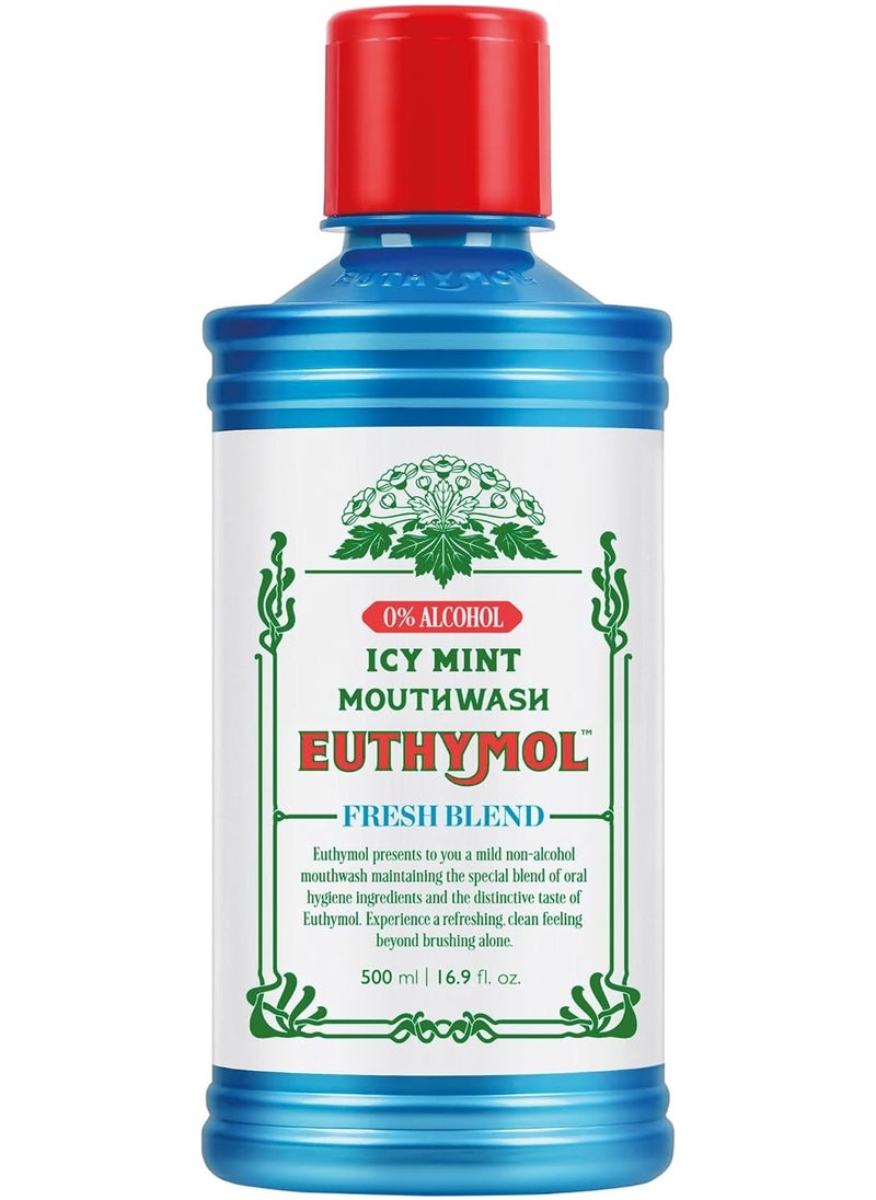 Euthymol Mouthwash ICY Mint 500ml, Contains Flouride, Alcohol-Free, Distinctive Strong Taste Flavour, Reduce Plaque Gingival Clean Healty Teeth Gums, Freshens Breath Refreshing Daily Oral Dental Care