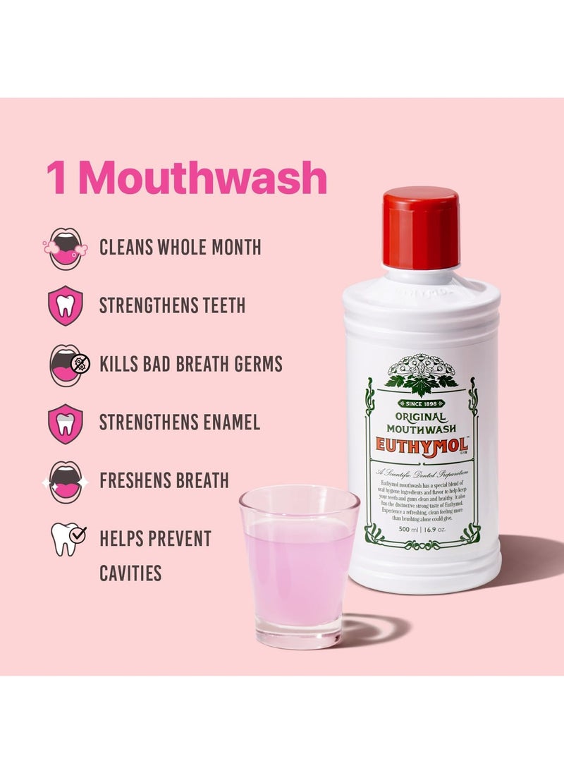 Euthymol Mouthwash ICY Mint 500ml, Contains Flouride, Alcohol-Free, Distinctive Strong Taste Flavour, Reduce Plaque Gingival Clean Healty Teeth Gums, Freshens Breath Refreshing Daily Oral Dental Care