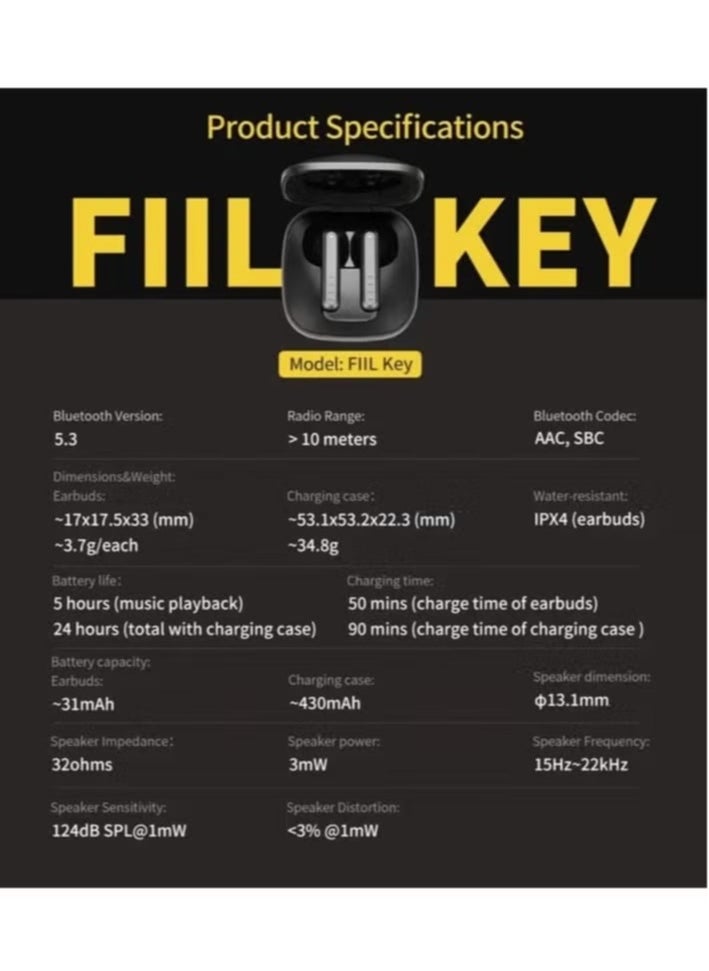 FIIL CC KEY TWS Wireless Bluetooth 5.2 Dual Earphones – Noise Canceling, High-Quality Sound, Touch Control, Comfortable Fit, Compact Design