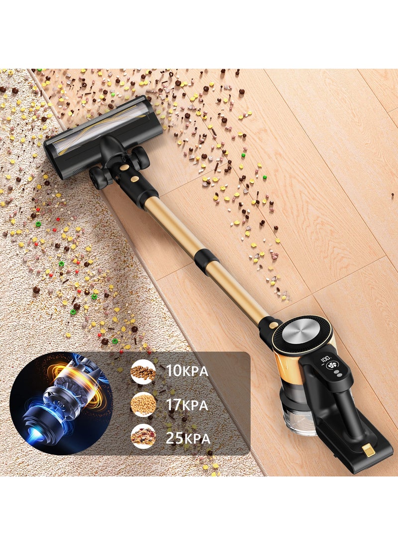 SINCHER Cordless Vacuum Cleaner, 25Kpa Powerful Suction Stick Vacuum, 45Mins Runtime Detachable Battery, 3 Power Modes & LED Display, Ideal for Home, Car, Hard Floor, Carpet, Pet Hair, Gold