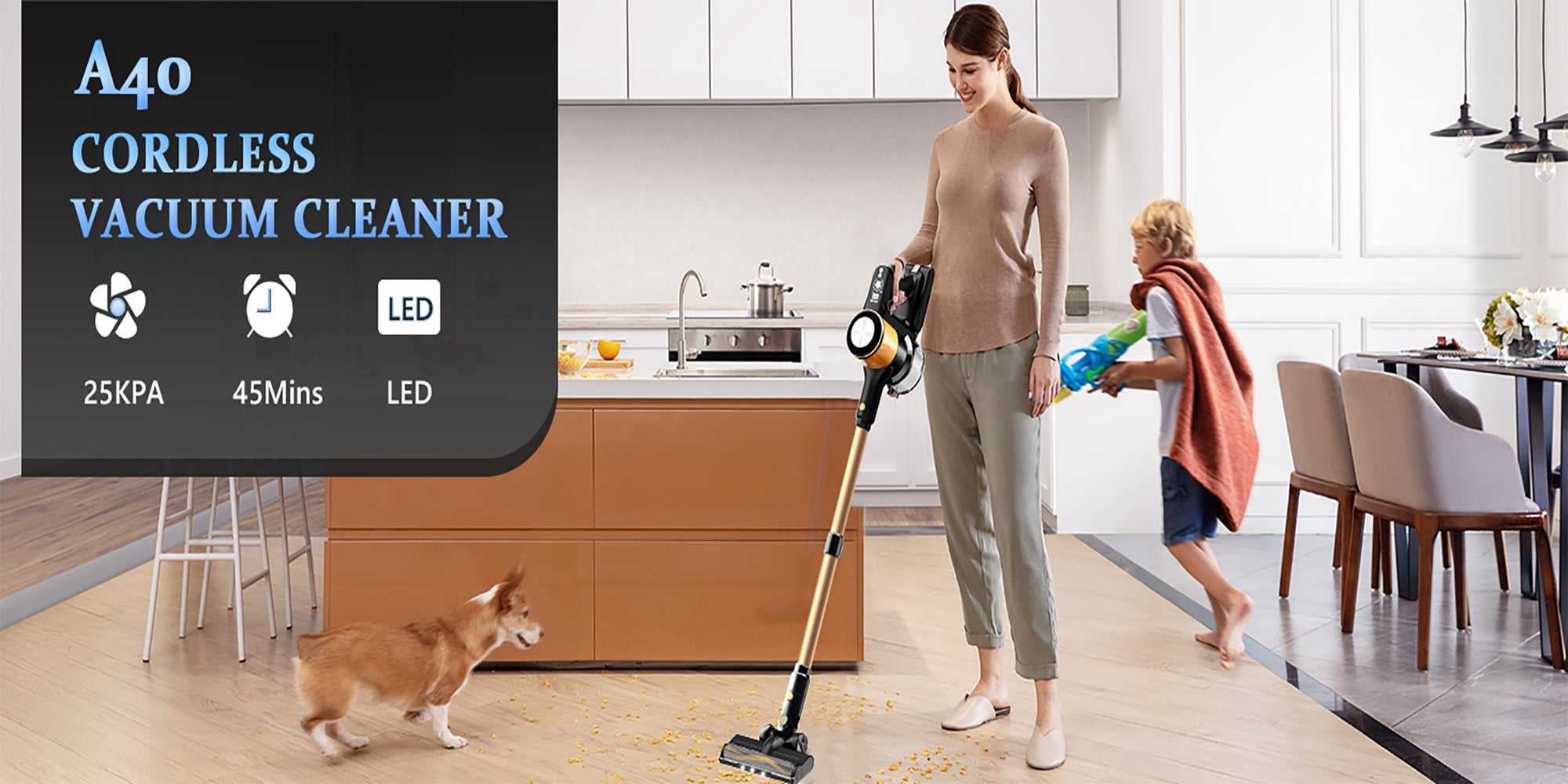 A40 Cordless Vacuum Cleaner, 25Kpa Powerful Suction Stick Vacuum, 45Mins Runtime Detachable Battery, 3 Power Modes & LED Display, Ideal for Home, Car, Hard Floor, Carpet, Pet Hair, Gold