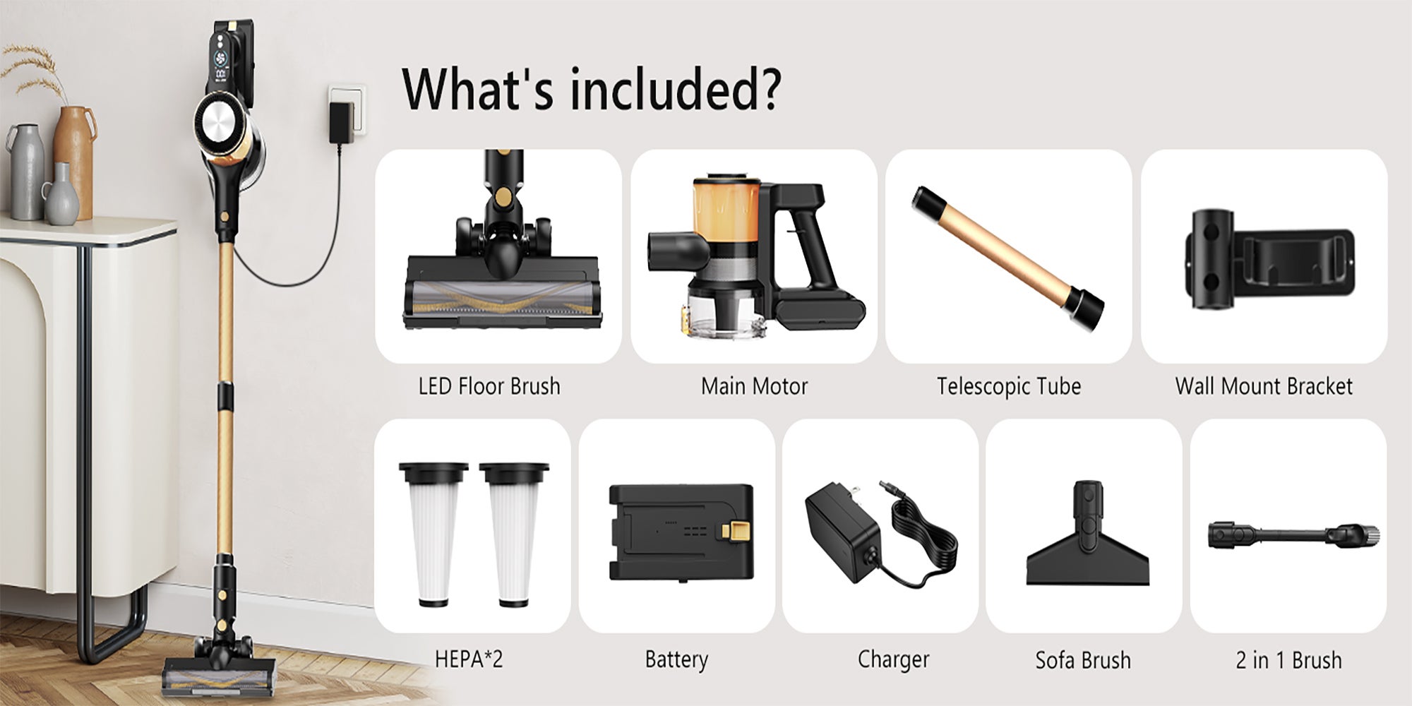 A40 Cordless Vacuum Cleaner, 25Kpa Powerful Suction Stick Vacuum, 45Mins Runtime Detachable Battery, 3 Power Modes & LED Display, Ideal for Home, Car, Hard Floor, Carpet, Pet Hair, Gold