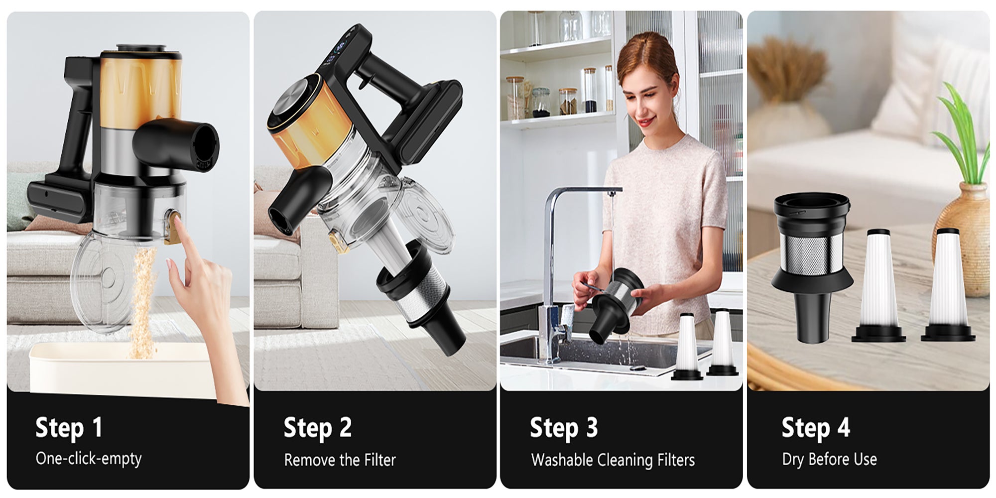 A40 Cordless Vacuum Cleaner, 25Kpa Powerful Suction Stick Vacuum, 45Mins Runtime Detachable Battery, 3 Power Modes & LED Display, Ideal for Home, Car, Hard Floor, Carpet, Pet Hair, Gold