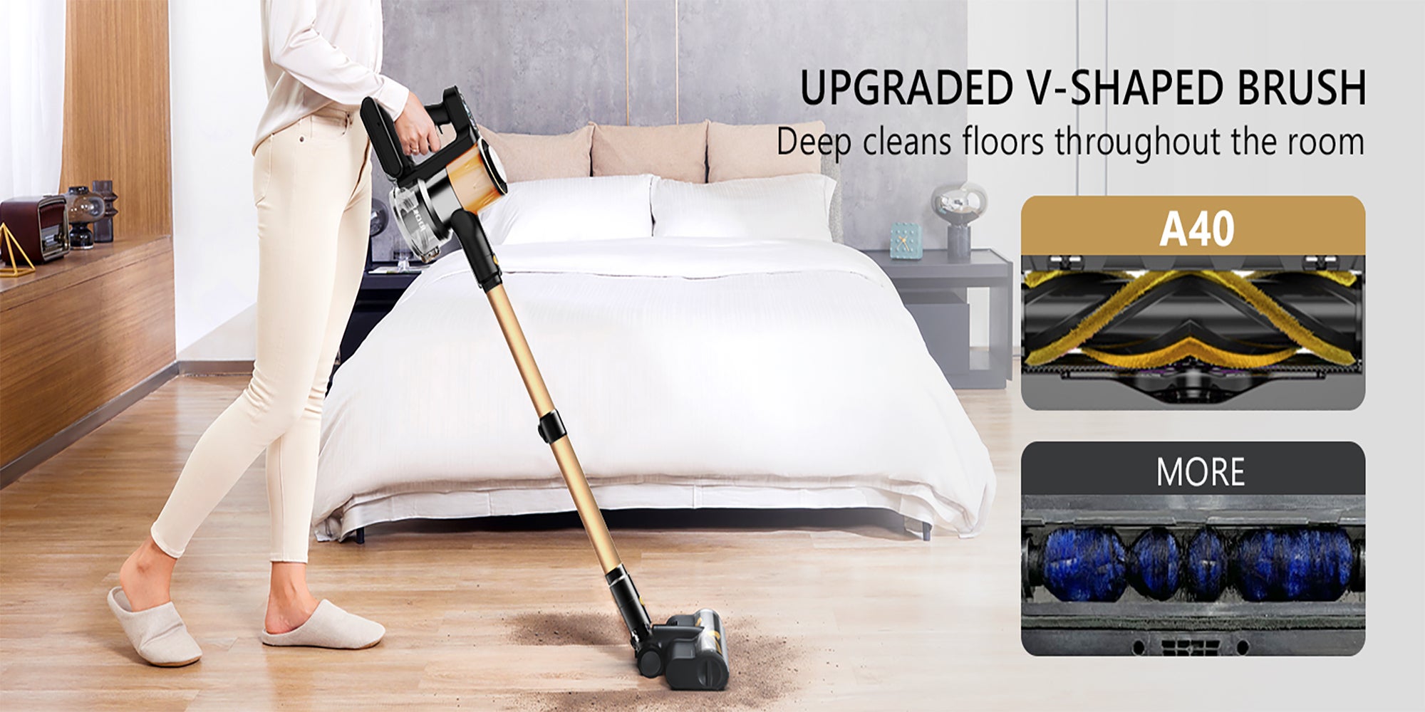 A40 Cordless Vacuum Cleaner, 25Kpa Powerful Suction Stick Vacuum, 45Mins Runtime Detachable Battery, 3 Power Modes & LED Display, Ideal for Home, Car, Hard Floor, Carpet, Pet Hair, Gold