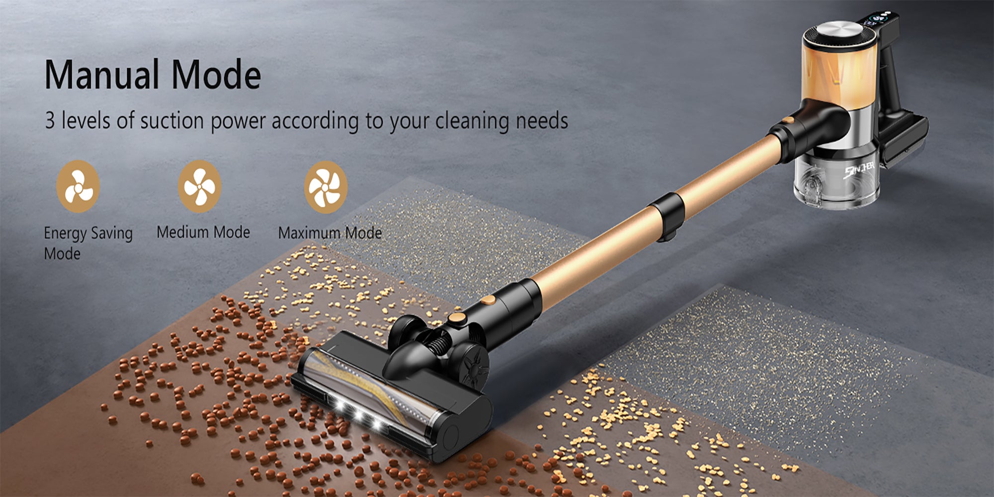 A40 Cordless Vacuum Cleaner, 25Kpa Powerful Suction Stick Vacuum, 45Mins Runtime Detachable Battery, 3 Power Modes & LED Display, Ideal for Home, Car, Hard Floor, Carpet, Pet Hair, Gold