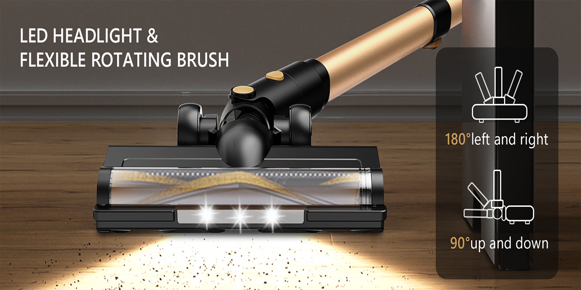 A40 Cordless Vacuum Cleaner, 25Kpa Powerful Suction Stick Vacuum, 45Mins Runtime Detachable Battery, 3 Power Modes & LED Display, Ideal for Home, Car, Hard Floor, Carpet, Pet Hair, Gold