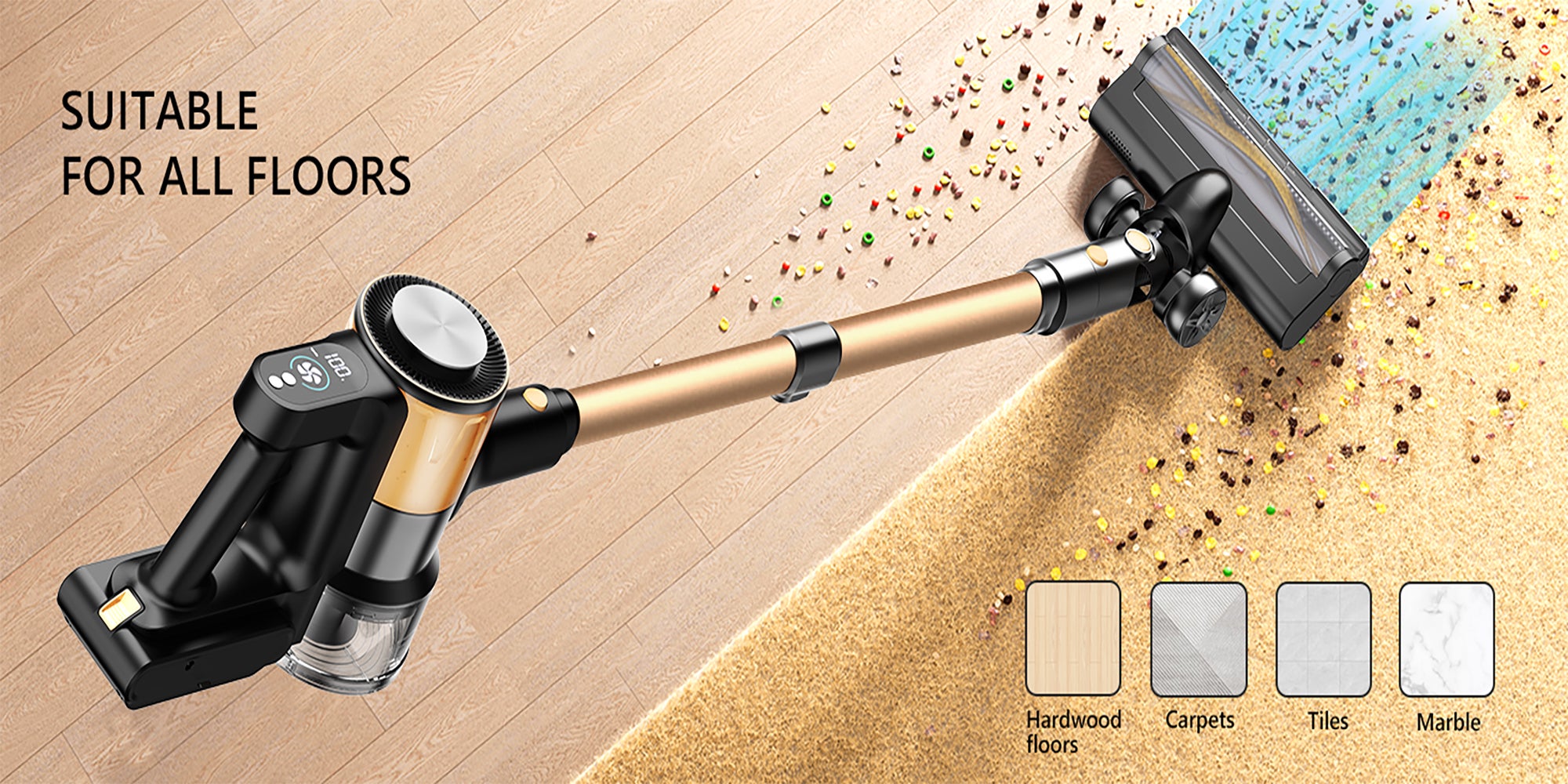 A40 Cordless Vacuum Cleaner, 25Kpa Powerful Suction Stick Vacuum, 45Mins Runtime Detachable Battery, 3 Power Modes & LED Display, Ideal for Home, Car, Hard Floor, Carpet, Pet Hair, Gold