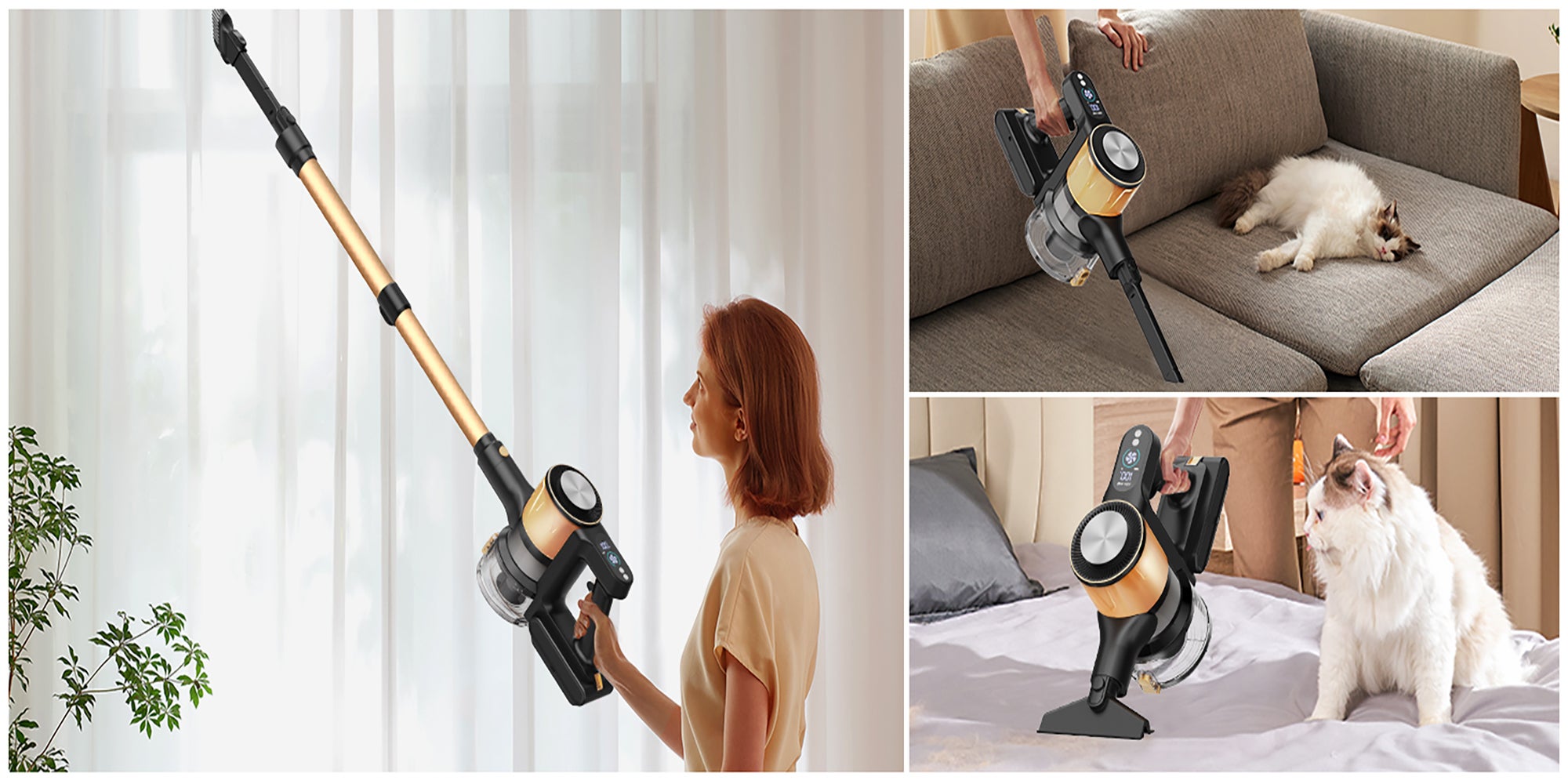 A40 Cordless Vacuum Cleaner, 25Kpa Powerful Suction Stick Vacuum, 45Mins Runtime Detachable Battery, 3 Power Modes & LED Display, Ideal for Home, Car, Hard Floor, Carpet, Pet Hair, Gold