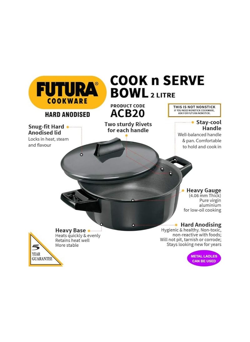 Hawkins Futura 2 Litre Cook n Serve Bowl, Hard Anodised Saucepan with Hard Anodised Lid, Sauce Pan for Cooking and Serving, Black (ACB20), Aluminium