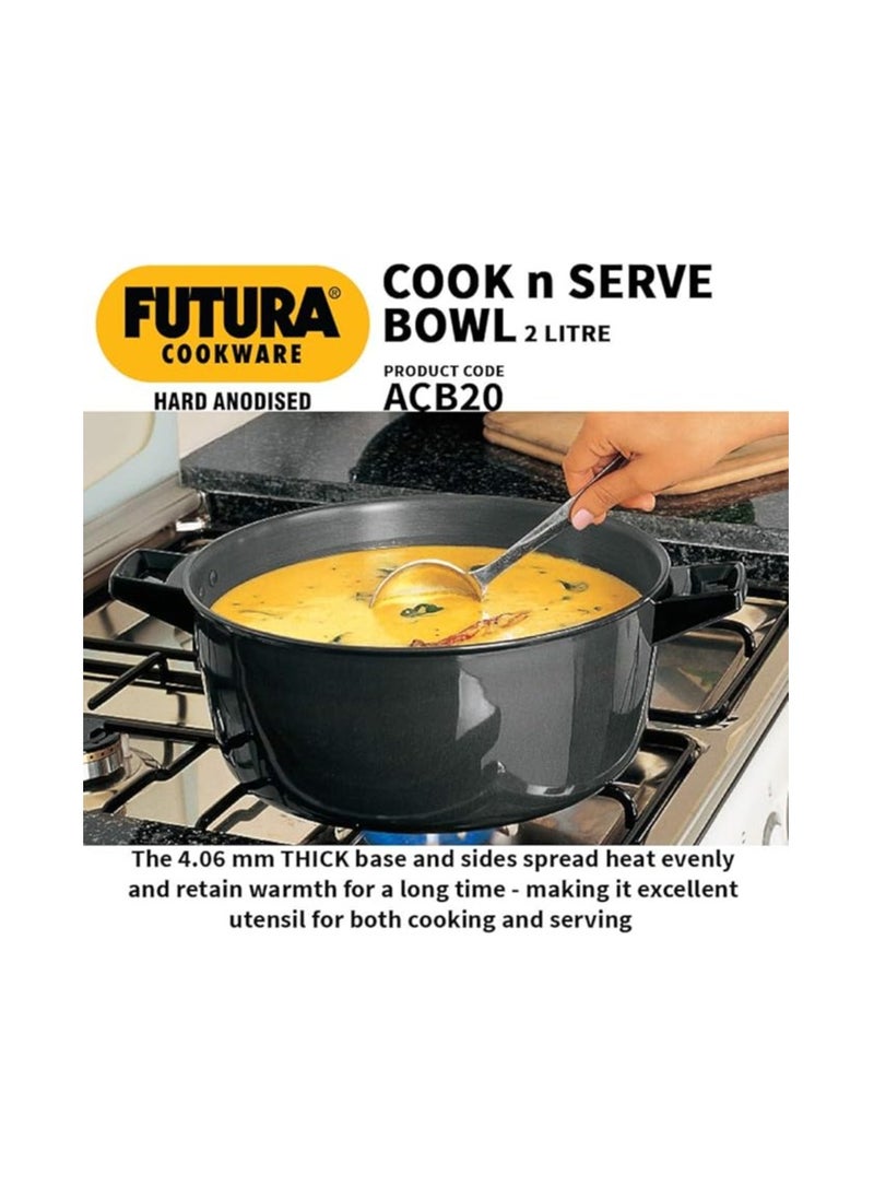 Hawkins Futura 2 Litre Cook n Serve Bowl, Hard Anodised Saucepan with Hard Anodised Lid, Sauce Pan for Cooking and Serving, Black (ACB20), Aluminium