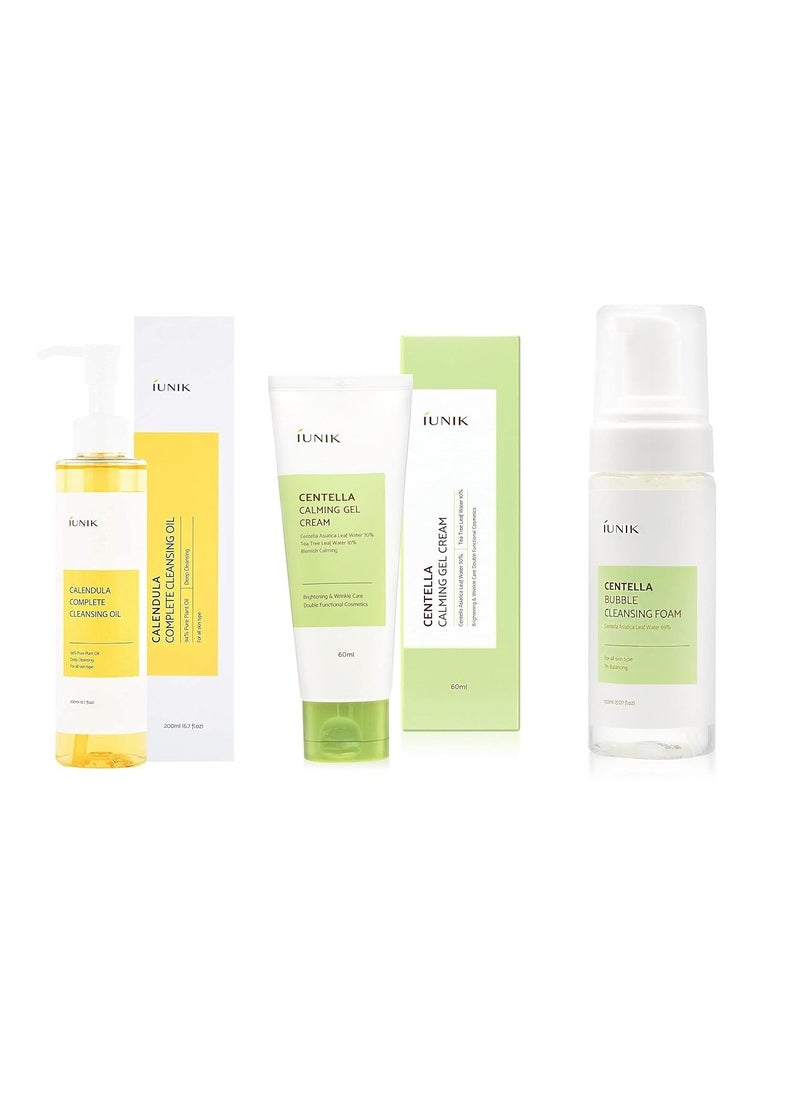 IUNIK Calendula Complete Deep Cleansing Oil, 6.70 Fl Oz + Centella Calming Recovery Gel Hydrating Cream 2.02 Fl. Oz. + Centella Bubble Foaming Facial Cleanser, 5.07 Fl Oz