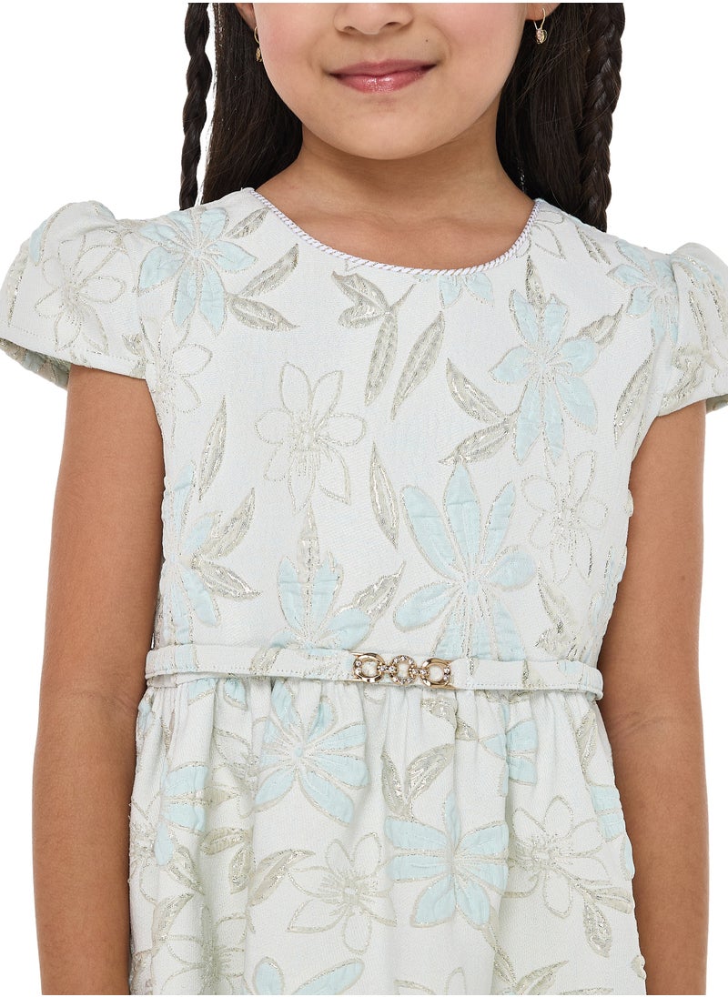 Girls Elegant Green and Gold Jacquard & Tulle Party Dress
