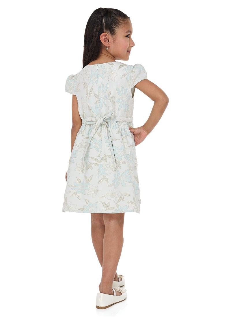 Girls Elegant Green and Gold Jacquard & Tulle Party Dress
