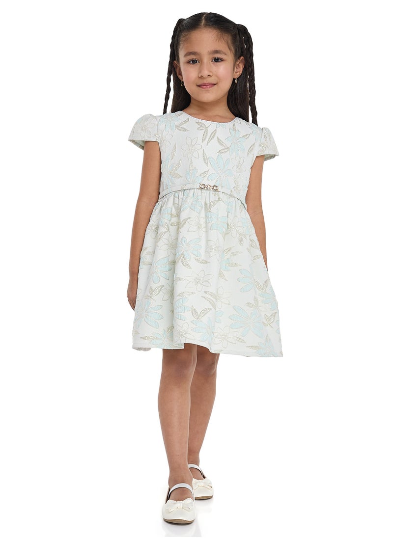 Girls Elegant Green and Gold Jacquard & Tulle Party Dress
