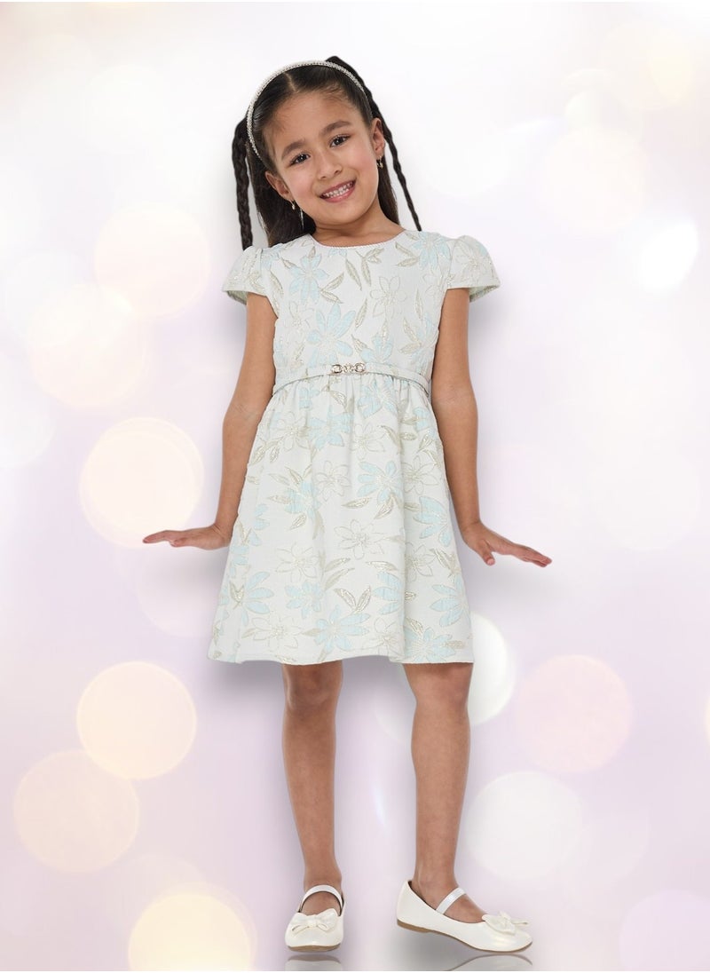 Girls Elegant Green and Gold Jacquard & Tulle Party Dress