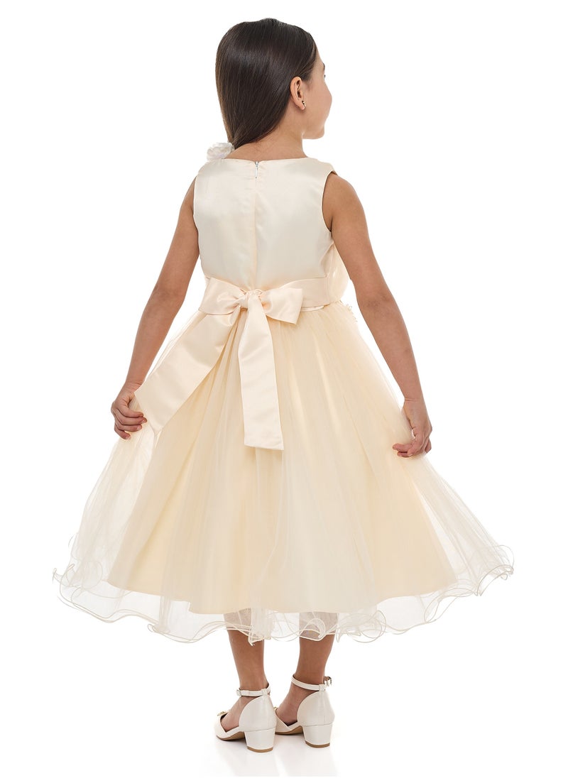 Girls Champagne Tulle Dress With 3D Flowers and Diamonds in it