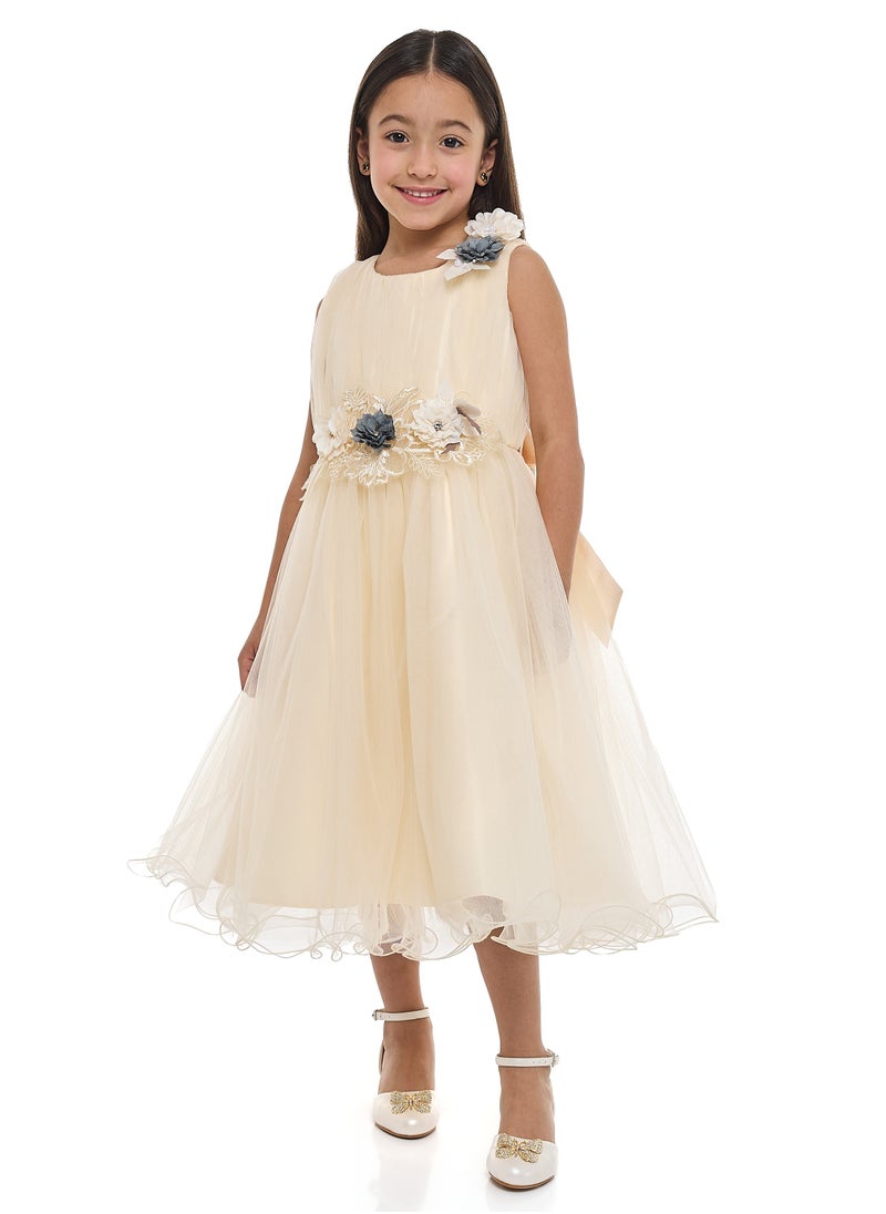 Girls Champagne Tulle Dress With 3D Flowers and Diamonds in it