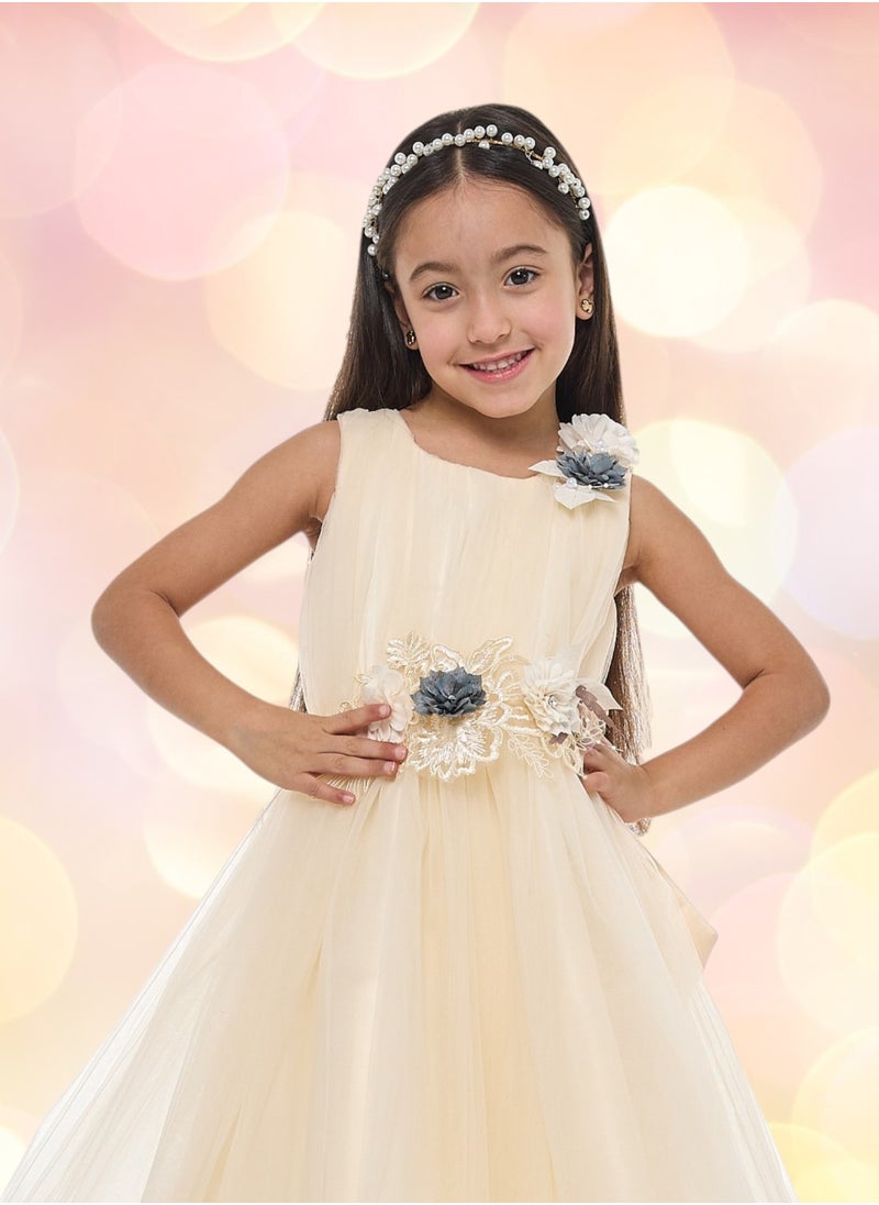 Girls Champagne Tulle Dress With 3D Flowers and Diamonds in it
