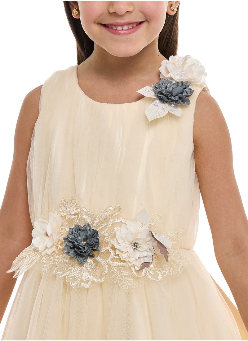 Girls Champagne Tulle Dress With 3D Flowers and Diamonds in it