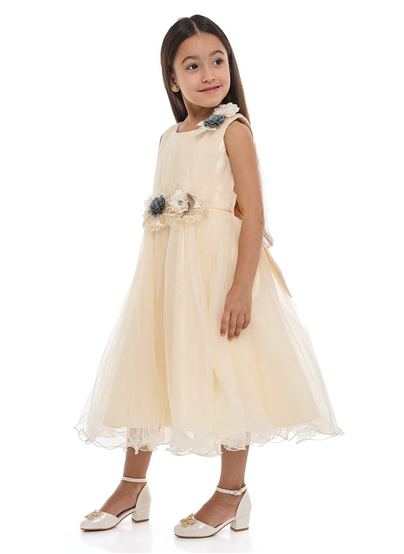 Girls Champagne Tulle Dress With 3D Flowers and Diamonds in it