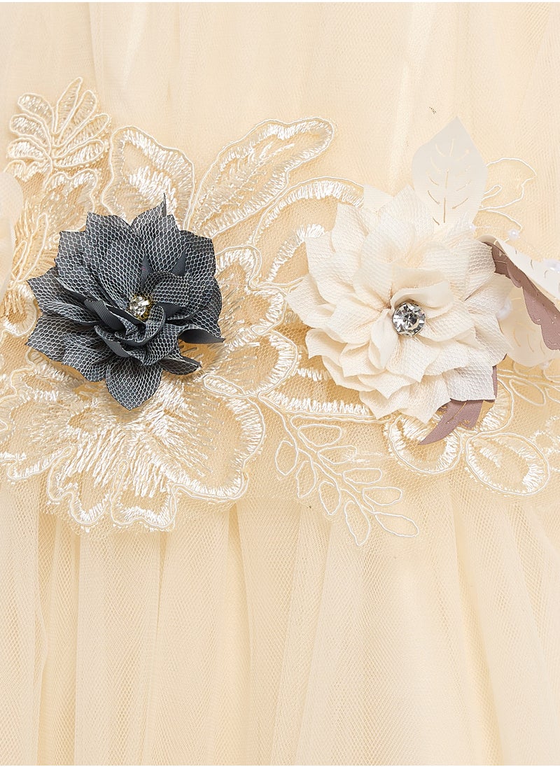 Girls Champagne Tulle Dress With 3D Flowers and Diamonds in it