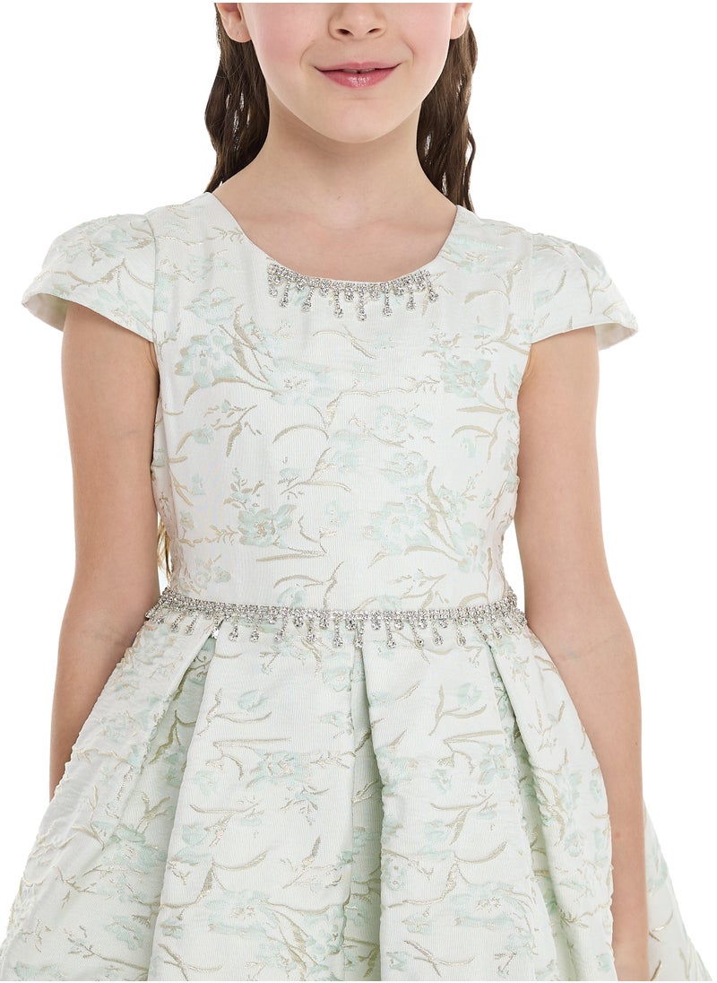 Mint Green/Gold Jacquard High Low Tail Dress With Tulle Mesh
