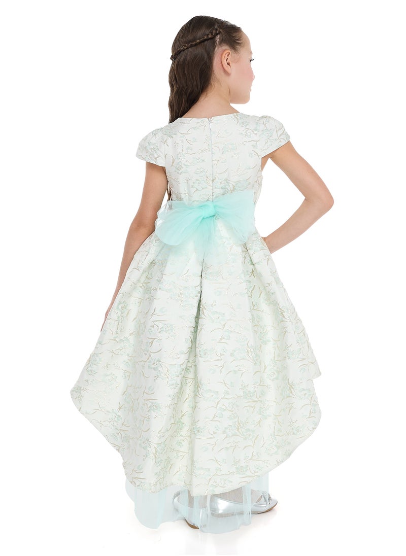 Mint Green/Gold Jacquard High Low Tail Dress With Tulle Mesh
