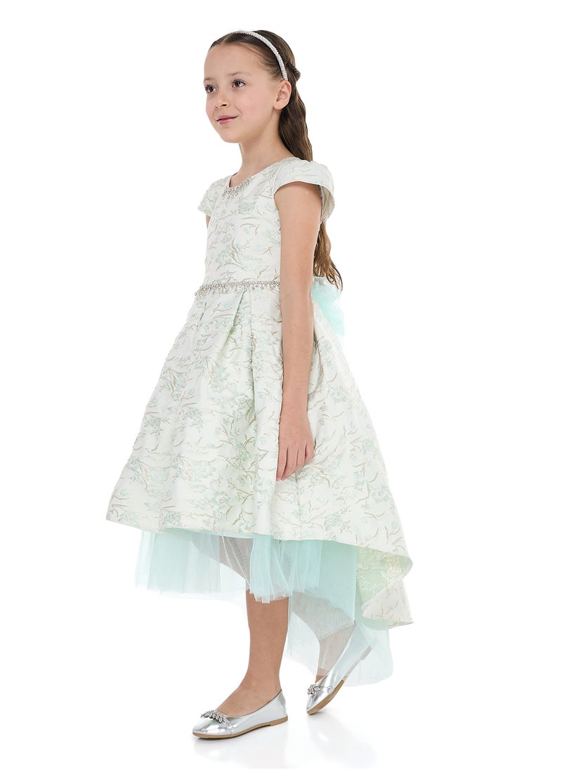 Mint Green/Gold Jacquard High Low Tail Dress With Tulle Mesh