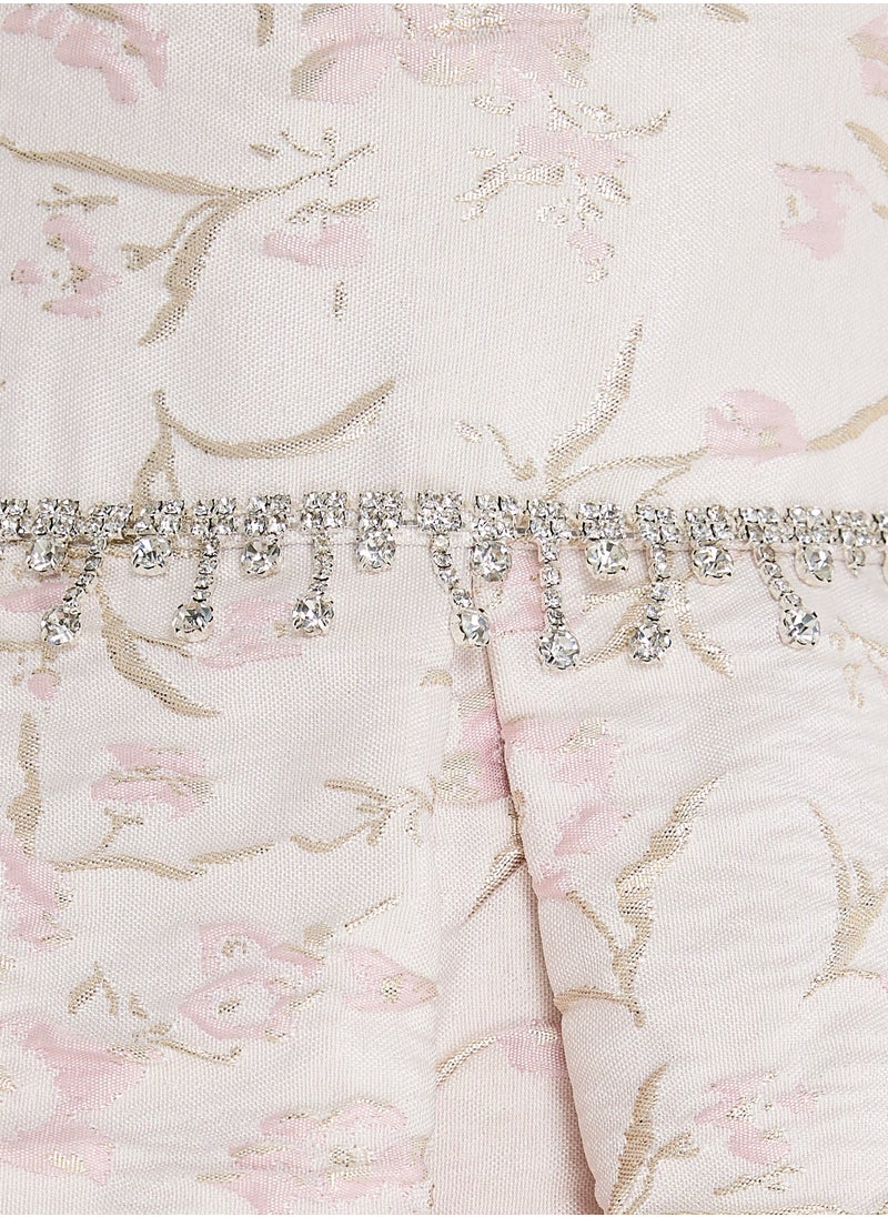 Pink/Gold Jacquard High Low Tail Dress With Tulle Mesh