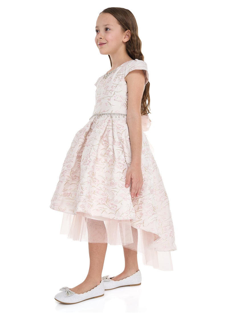 Pink/Gold Jacquard High Low Tail Dress With Tulle Mesh