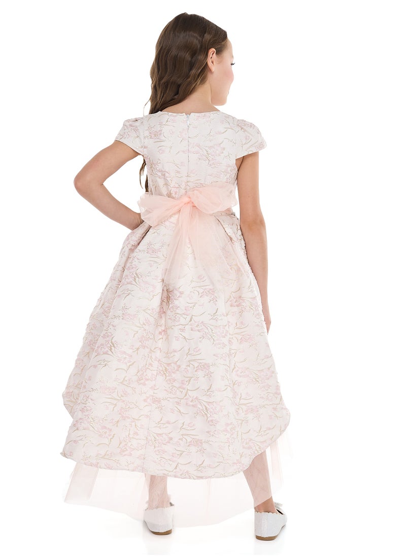 Pink/Gold Jacquard High Low Tail Dress With Tulle Mesh