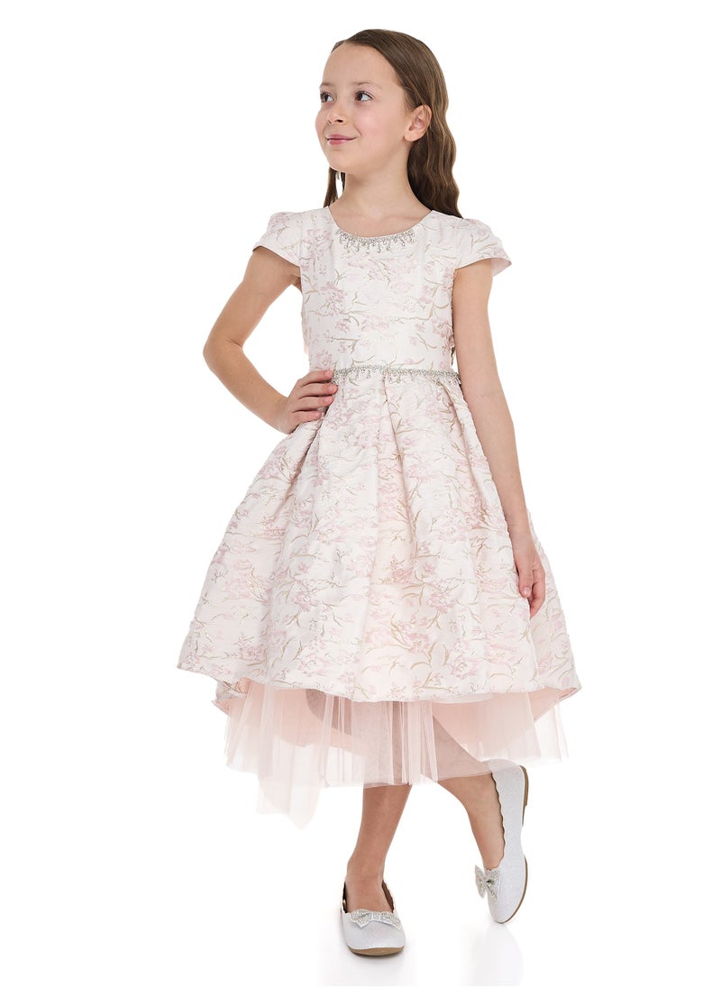Pink/Gold Jacquard High Low Tail Dress With Tulle Mesh