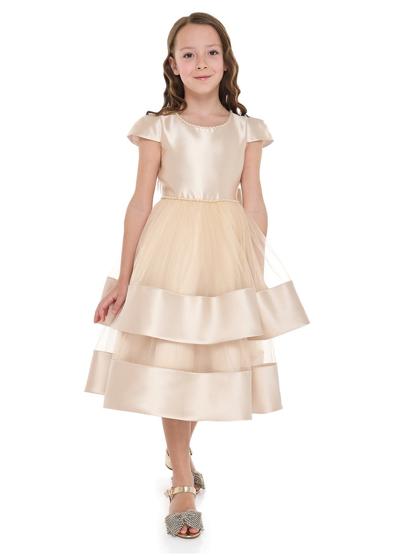 Chic Champagne Satin  Party Dress With Mesh & Decoration