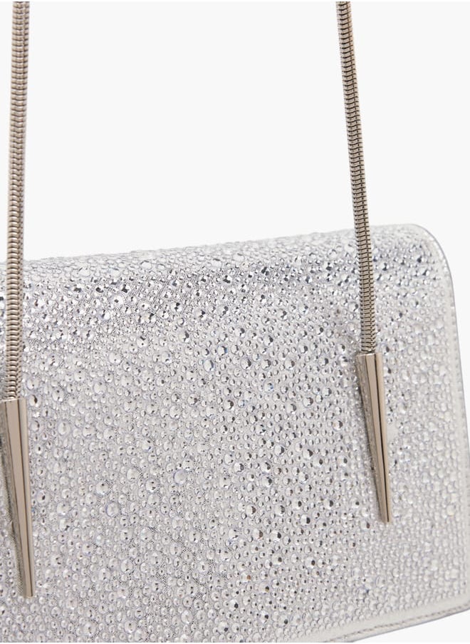 Women's Embellished Sling Bag with Chain Strap and Magnetic Button Closure